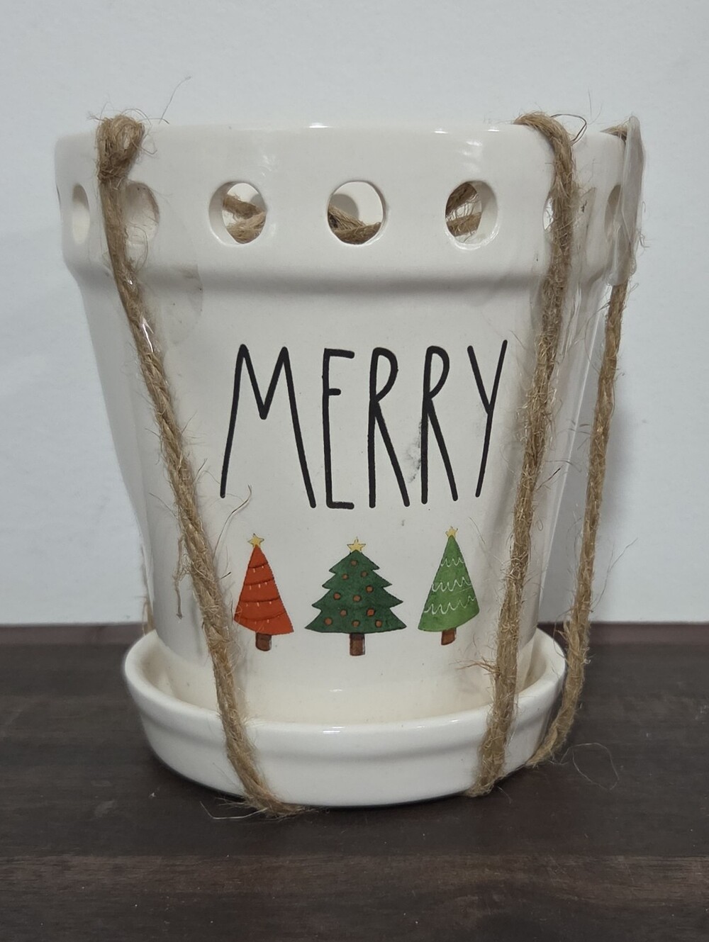Rae Dunn Merry Ceramic Holiday Planter - White with Festive Trees